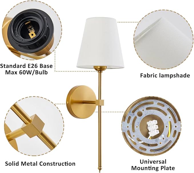 Wall Sconces Sets of 2, Retro Industrial Wall Lamps, Bathroom Vanity Sconces Wall Lighting with White Fabric Shade, Suitable for Bedroom Living Room Corridor Kitchen