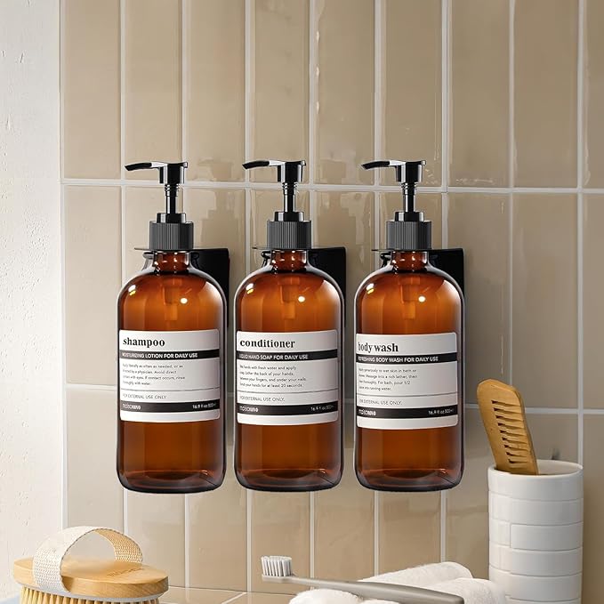 4 Pack 16 oz Amber Glass Bottles with Pumps for Shampoo, Essential Oils, Cleaning Products, Lotions, Aromatherapy Oil, Pump Bottles, Refillable Containers with Cap, 8 Chalk Labels, 1 Pen