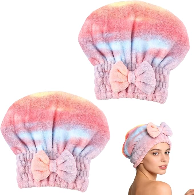 2Pcs Super Absorbent Hair Towel Wrap for Wet Hair, Microfiber Hair Drying Caps,New Fast Drying Hair Turban Wrap Towels Shower Cap for Girls and Women(Pink)