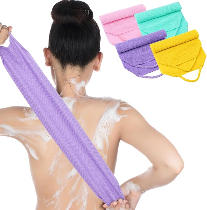 4PCS Exfoliating Back Scrubber with Handles, Nylon Double-Sided Exfoliator Extended Length Stretchable Body Exfoliating Washcloth Pull Strap Back Washer for Women Men(B)