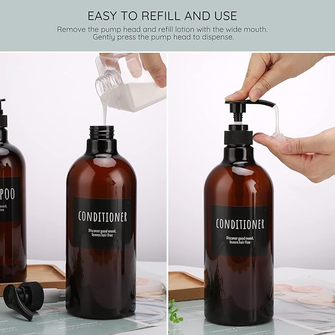 Empty Plastic Bottles with Labels, Segbeauty 33.8oz Large Brown Shampoo Conditioner Reusable Dispenser, 2 Packs of 1000ml Refillable Shower Lotion Pump Press Bottles for Bathroom Hand Soap Body Wash