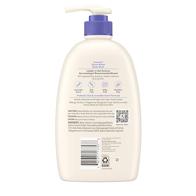 Aveeno Stress Relief Body Wash for Women, Calming Lavender Scent & Prebiotic Oat, Cleanser for Sensitive Dry Skin, Paraben, Dye & Soap-Free, 33 Fl Oz