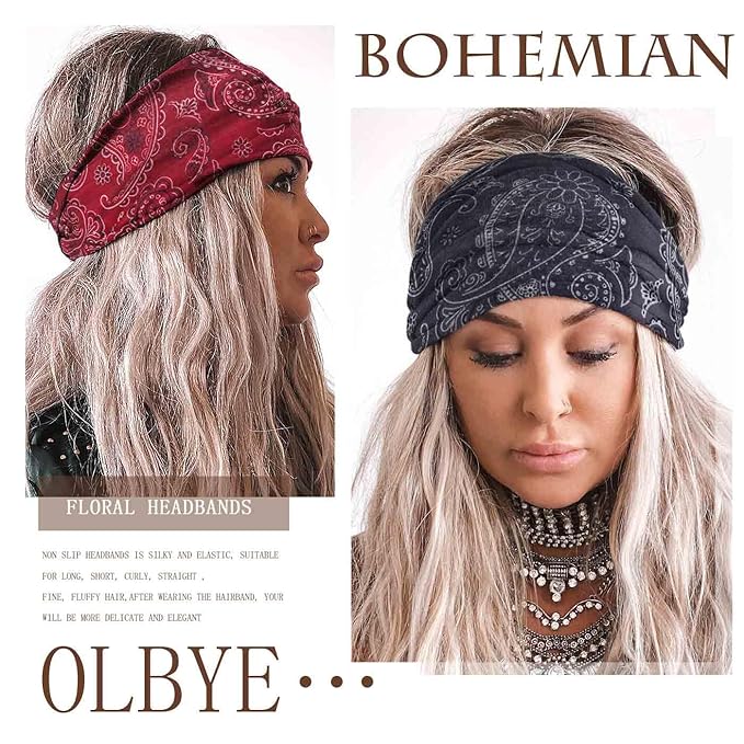 Olbye Wide Boho Headbands Floral Stretch Head Wraps Bohemian African Turban Hairbands Knotted Bandana Headband Yoga Running Head Scarfs Workout Hair Accessories for Women 4Pcs (Bohemian, 9.4 * 5.9'')