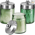 3 Pack Apothecary Jar Canisters Bathroom Vanity Organizer - Qtip Holder Storage Organizer Set Countertop Canister with Stainless Steel Lids &Cute Stickers for Qtips,Cotton Swabs,Makeup Sponges,Floss