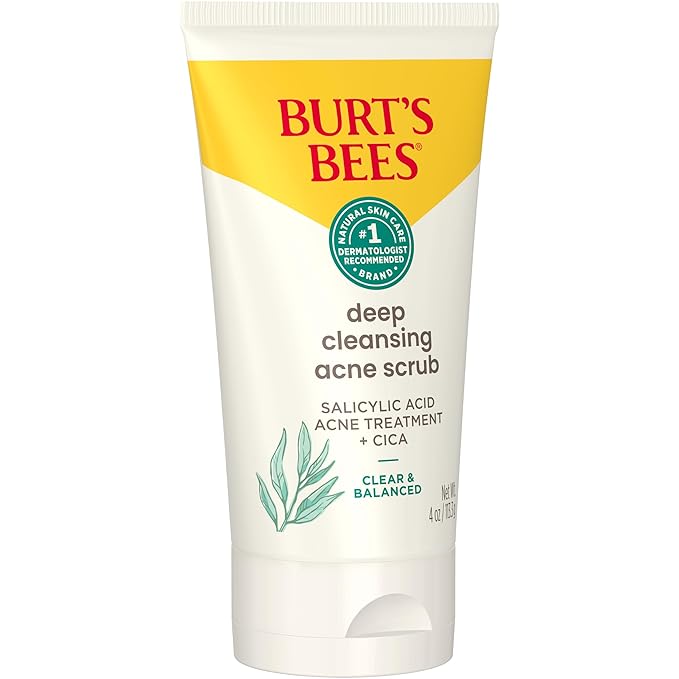 Burt’s Bees Clear and Balanced Deep Cleansing Acne Scrub, Salicylic Acid Acne Treatment with Cica, Facial Cream Exfoliator Helps Unclog Pores and Reduce Acne, 4 Oz (Pack of 2)