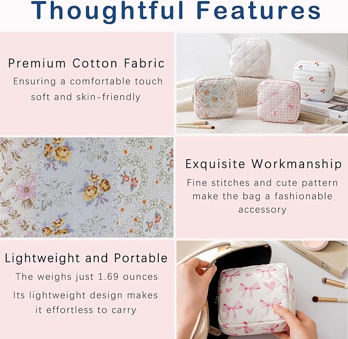 Small Quilted Cosmetic Pouch for Purse, Mini Cotton Makeup Bag with Compartments, Cute Zipper Lipstick Holder for Women (14Mixed Flowers)