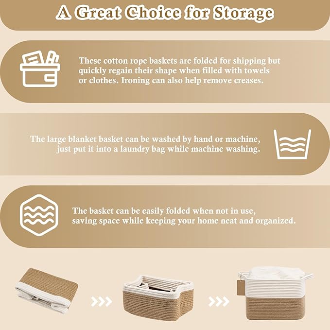 Goodpick Woven Storage Basket for Shelves, Medium Empty Gift Basket with Handles, Square Wicker Dog Toy Baskets, White and Jute Storage Bin, 13 x 10 x 9 Inches
