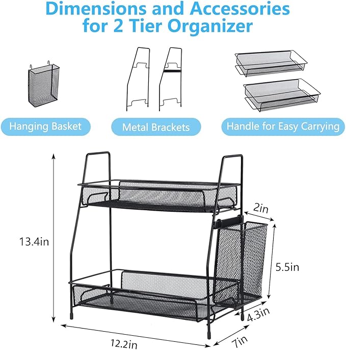 LEMIKKLE 2-Tier Bathroom Countertop Organizer,Skincare, Makeup Countertop Organizers, Kitchen, Bathroom Counter Storage with Small Basket (Black)