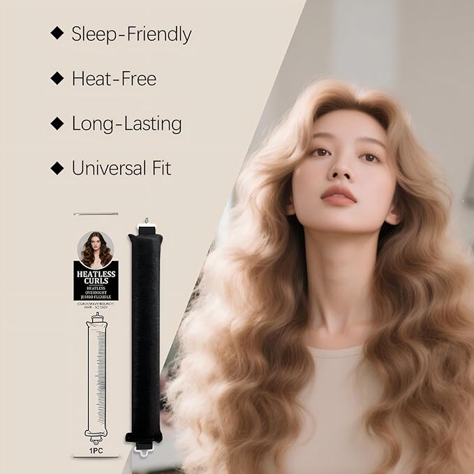 Heatless Hair Curls Overnight Curler - 4 Pcs Curling Rod to Sleep In, Velvet Hair Rollers with Satin Hair Scarf (Khaki)