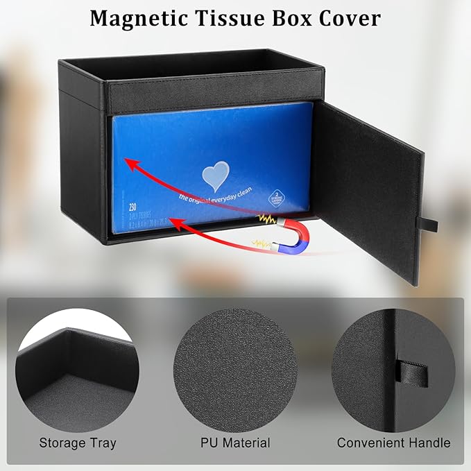 Sumnacon Tissue Box Cover with Storage Tray, Decorative Rectangular Tissue Holder PU Leather Facial Tissues Organizer Stylish Modern Tissue Dispenser for Bathroom Toilet Tank Vanity Dresser Table