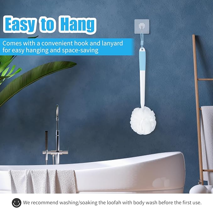 VANZAVANZU Loofah Sponge Set Back Scrubber for Shower, Anti-Slip Plastic 17" Handle Loofah on a Stick with Fluffy Shower Sponge, PE Soft Mesh Shower Loofahs-White with Blue Grip