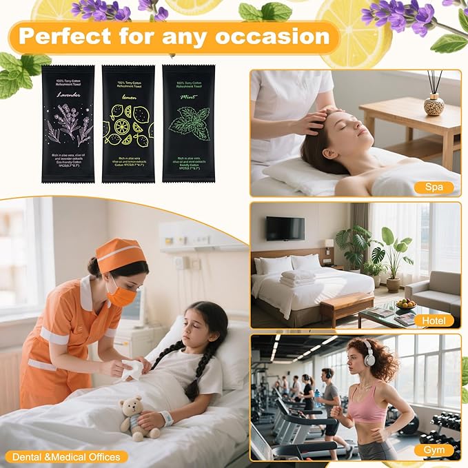 Moist Cotton Towel Bulk Moist Towelettes Individually Wrapped 8.7" x 8.7",White Towel Services,Refreshment Pre Moistened Towels Lavender,Lemon and Mint for Sport Party Spa(Pack of 300)