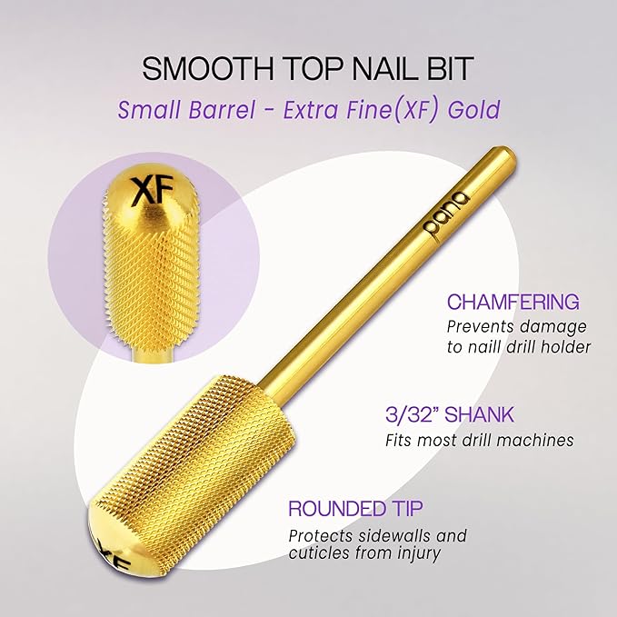 PANA 3/32" Small Smooth Round Top Safety Carbide Nail Drill Bit for Gel Polish & Acrylic Removal Nail Salon Manicure Pedicure Electric File Tools (Small Barrel - Gold, Extra Fine)