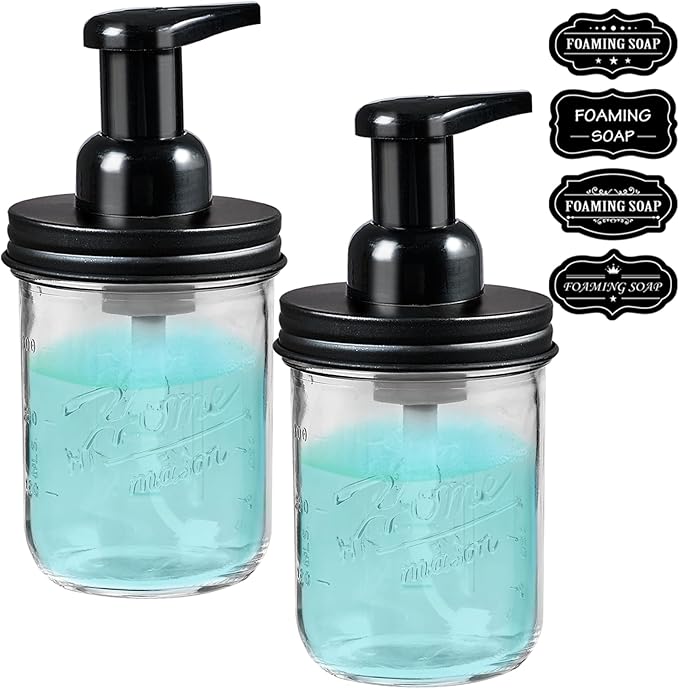 SheeChung Mason Jar Foaming Soap Dispenser, Glass Foaming Hand Soap Dispensers, Stainless Steel Lid, Refillable Foam Soap Dispenser for Bathroom Kitchen, Farmhouse Bathroom Decor (2 Pack, Black)