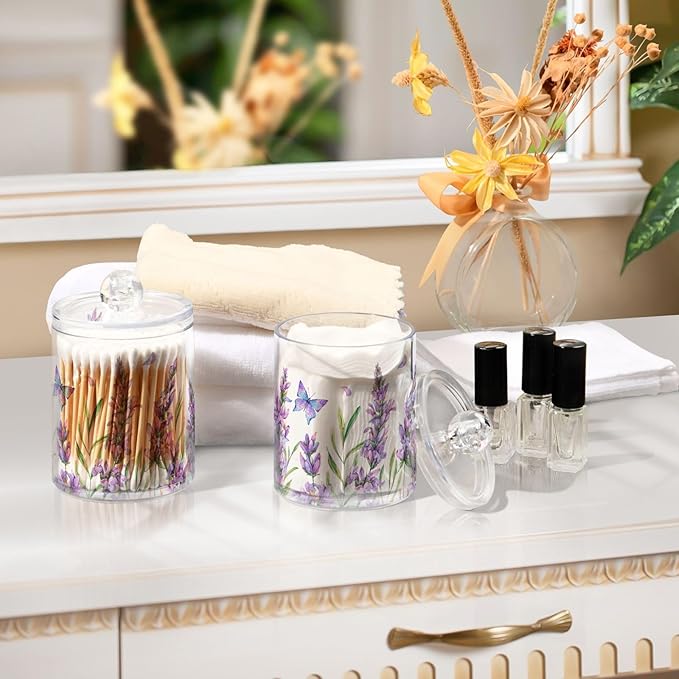 ALAZA 4 Pack Qtip Holder Dispenser for Cotton Ball Lavender Flower Purple Cotton Swab Round Pads Clear Plastic Acrylic Jar Set Bathroom Canister