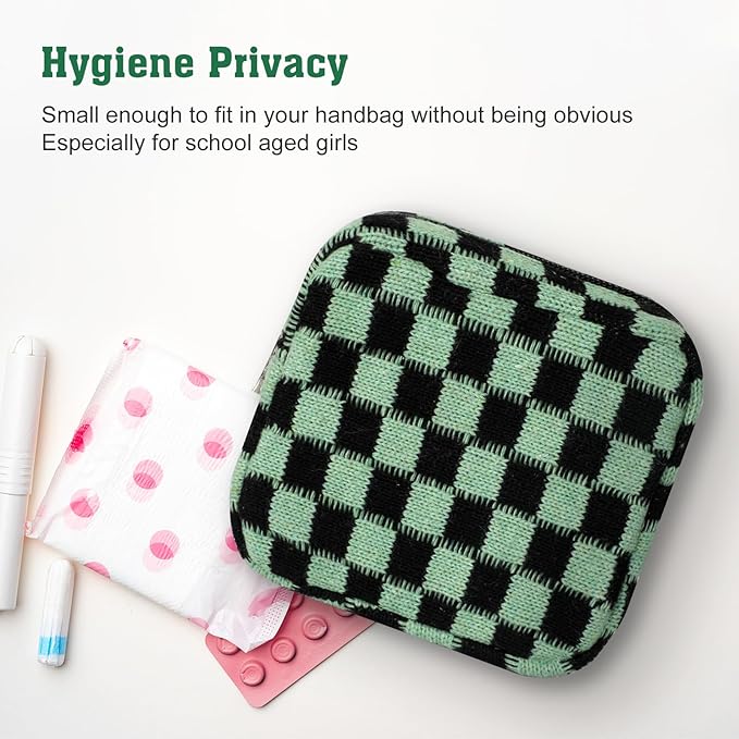 Sanitary Napkin Storage Bag, Menstrual Pad Zipper Bag Checkered Portable Period Bag Panty Liners, Tampon Storage Pouch for Women Ladies Daily Use Storage Purse Travel