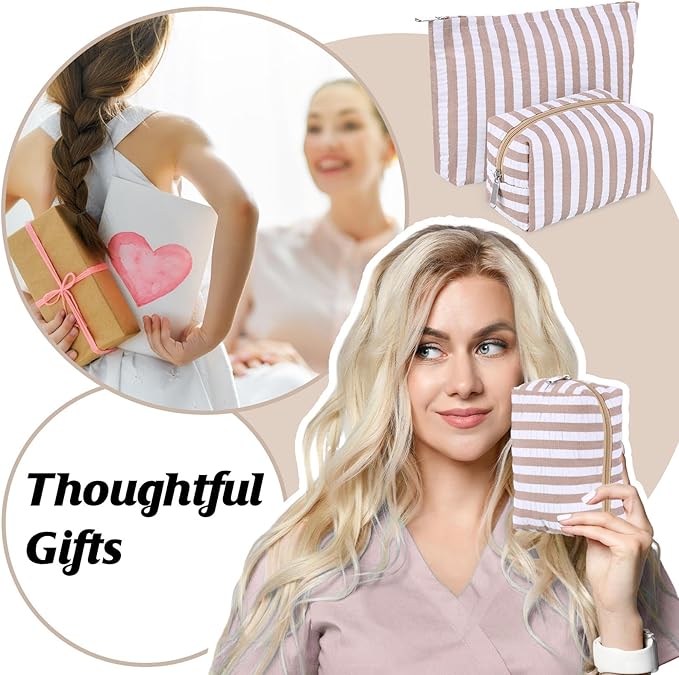 2 Pcs Makeup Bag Set Cute Cosmetic Pouch for Women Seersucker Travel Toiletry Bag Preppy Small Makeup Purse Pouch Aesthetic Skincare Brushes Storage Organizer for Valentine Women(Khaki Wide)