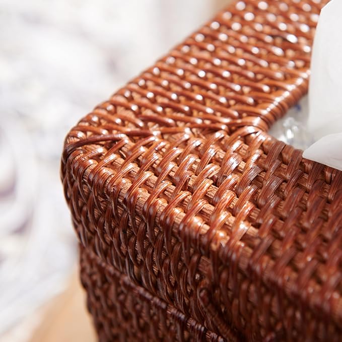Rattan Square Tissue Box Cover, 5.7" x 5.7" x 5", Decorative Woven Facial Tissue Holder with Hinged Top Lid, Brown