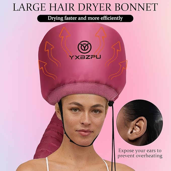 Hooded Hair Dryer Attachment, Hair Dryer Caps for Curly, Speeds Up Drying Time, Safety Deep Conditioning At Home (Rose Red)