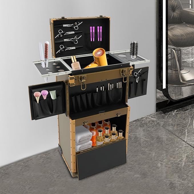 Rolling Makeup Case Large Storage Cosmetic Trolley, Rolling Lockable Makeup Train Case, Stylist Beauty Salon Cosmetic Luggage Travel Organizer Tool Box with Hair Dryer Holder (Gold)