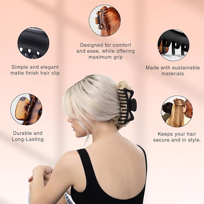 Kitsch 5 Inch Large Claw Clips for Thick and Long Hair | Strong Grip Jumbo Claw Clip for All-Day Hold | 2pcs Matte Oversized Hair Accessories | Ideal Gifts for Women - Black & Tortoise Design