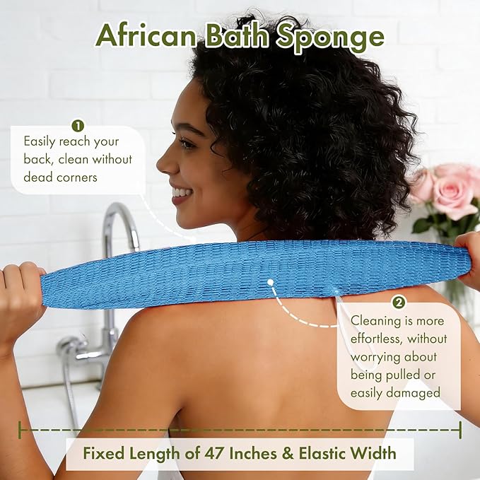 African Net Sponge Authentic, 47 inches Exfoliating Body Scrubber, Back Scrubber for Shower, African Bath Sponge with Knots, Durable Loofah Washcloth for Women & Men Daily Use