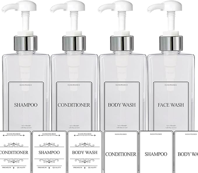 Empty Plastic Square Bottles Pump Shampoo Conditioner Body Wash Face, in Shower Bathroom Dispenser, Waterproof Permanent Labels, 27oz 800ml Set of 4 (Clear Plastic, Silver White Pump)