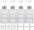 Empty Plastic Square Bottles Pump Shampoo Conditioner Body Wash Face, in Shower Bathroom Dispenser, Waterproof Permanent Labels, 27oz 800ml Set of 4 (Clear Plastic, Silver White Pump)