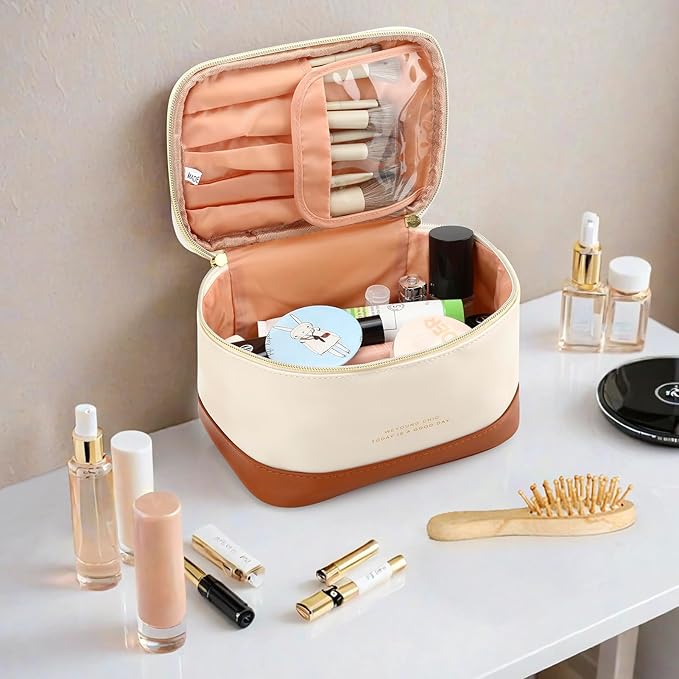 Small Makeup Bag Travel Cosmetic Bag Toiletry Zipper Pouch Make Up Organizer Bag with Handle Purse for Women Soft PU Leather Skincare Case (L01-Beige)