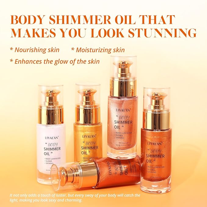 Liyalan Shimmer Body Oil Rose Gold Color 1.0 fl.oz Face Glow Pearl Highlighter Illuminator Long-Lasting Shine Glitter Liquid Tanning with Makeup Brush