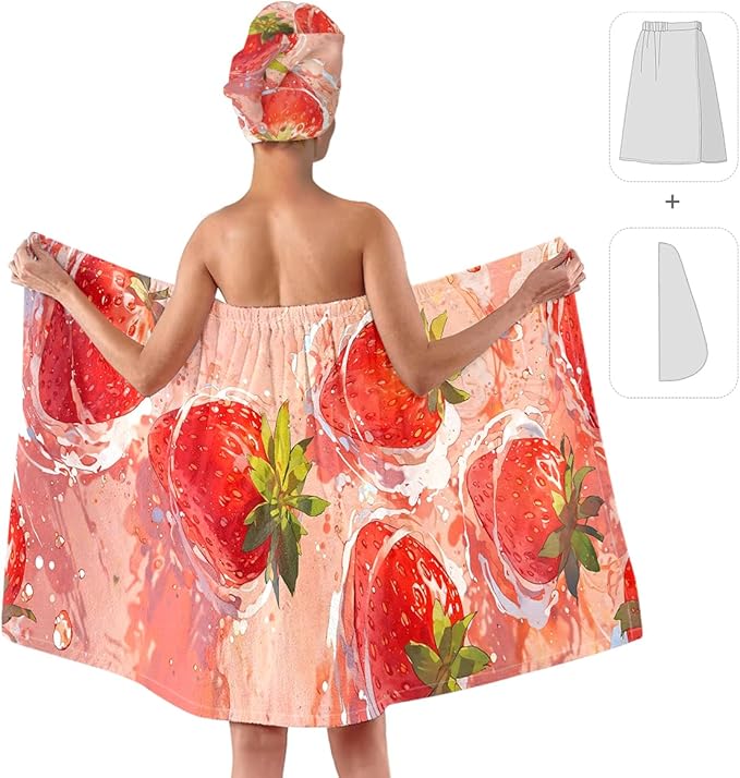 Women’s Strawberry Print Bath Towel and Hair Wrap Set, Soft Absorbent Microfiber Shower Body Wrap with Elastic Closure, Quick-Dry Lightweight Spa Towel Ensemble for Home, Gym & Travel (Strawberry 3)