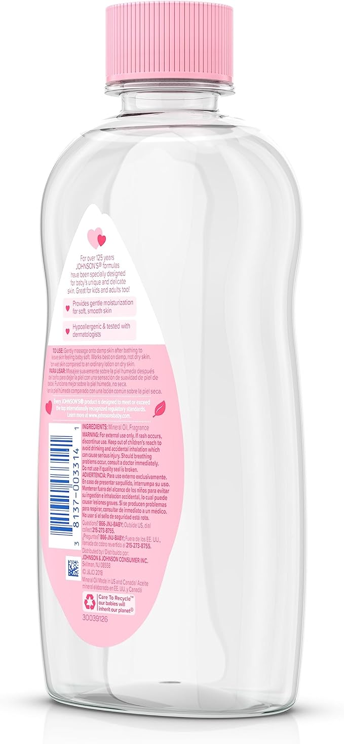 Johnson's Baby Oil, Pure Mineral Oil to help Prevent Moisture Loss for baby, Kids & Adults, Gentle & Soothing Baby Massage Oil for Dry Skin Relief, Original Scent, 14 fl. oz(Pack of 6)