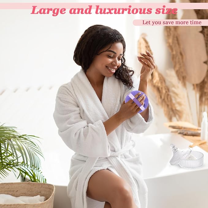 3Pcs Extra Large Body Powder Puff & Luxury 6" Glass Jar Dusting Powder Container with Puff for Women Bath Powder Puffs Perfect for Talcum or Loose Powder (Light Purple)