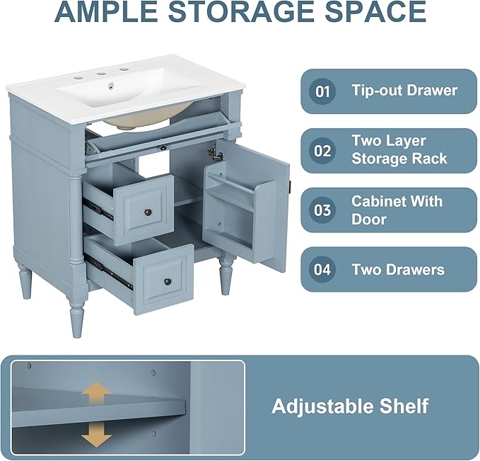 Harper & Bright Designs 30" Bathroom Vanity with Sink, Free Standing Bathroom Vanity Set with Flip Drawer, 2 Drawers, and Adjustable Shelf, Storage Cabinet with Ceramic Basin for Bathroom, Blue Grey