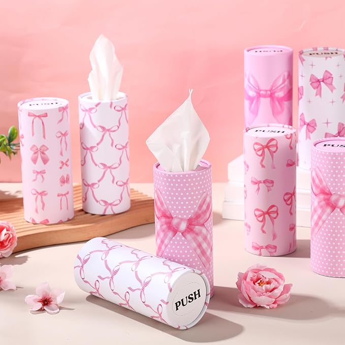 Outus 12 Pcs Bow Car Tissues Cylinder Holder with 3 Ply Facial Tissue Bulk Pink Bow Ribbon Round Tissue Holder Travel Tissues Boxes Container for Car Cup Wedding Birthday Party