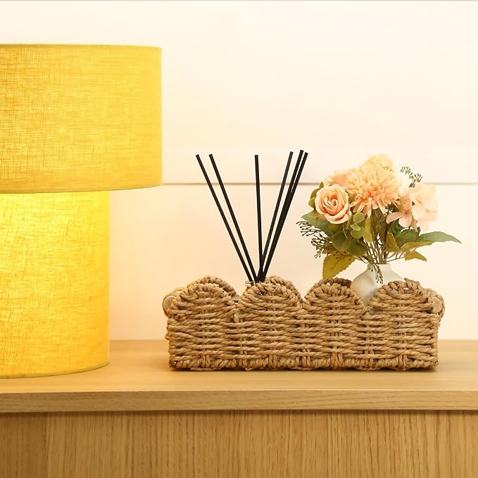 Paper Rope Storage Basket Set of 2 with Wooden Handles - Scalloped Toilet Paper Organizer, Cute & Functional Home Decor for Bathroom or Living Room (Beige)