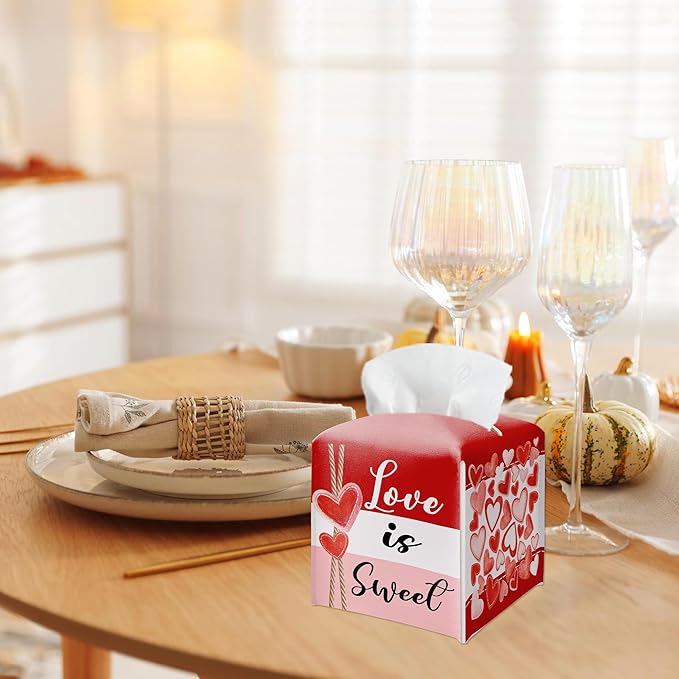 Happy Valentine's Day Red Heart Design Tissue Box Cover - Love Is Sweet PU Leather Waterproof Tissue Holder - Festival Facial Paper Organizer for Home Bathroom Office-Desk Decorative Dispenser Box-B09