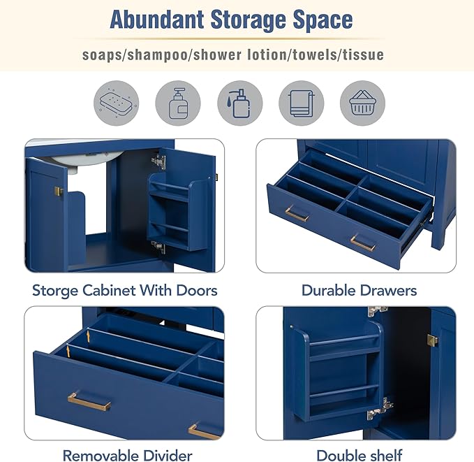Bellemave 30" Bathroom Vanity with Sink Combo Set, Solid Wood Frame Bathroom Storage Cabinet with a Drawer, 2 Soft Closing Cabinet Doors with Organizer, Blue