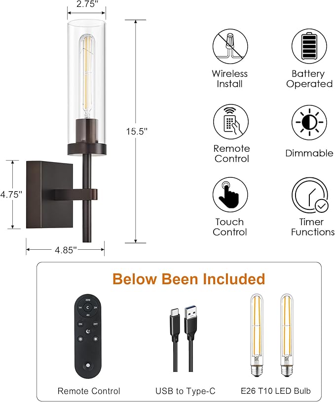 Oil Rubbed Bronze Battery Operated Wall Sconces with Remote Control, Wireless Wall Sconce Set of 2, Rechargeable Cordless Wall Lights for Living Room Bathroom Hallway Entryway Stairwell