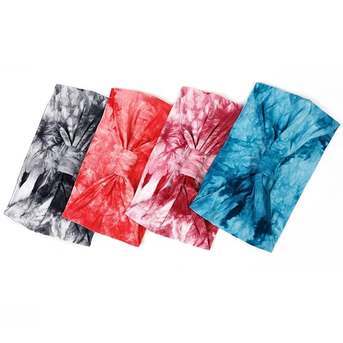 Huachi Tie Dye Headbands for Women, 4 Pack Wide Headbands in Boho Style, Non Slip Hairbands for Workout, Yoga, Running, Hair Accessories for Girls, Women's Hair Turban, African Knotted Head Wraps