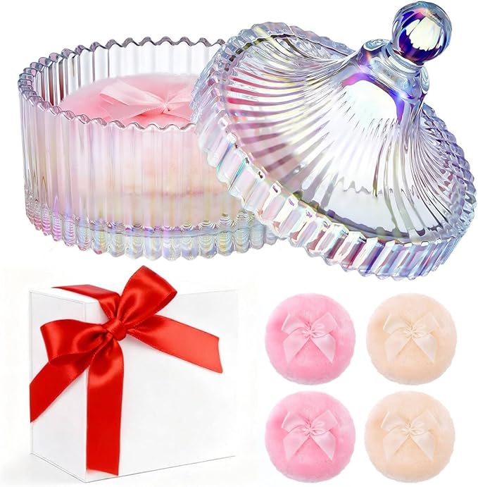 5 Pcs Extra Large Body Powder Puff and Container Set – 5.43" Oversize Crystal Powder Container | 3.54" Ultra-Soft Velour Puff, Washable & Reusable, Ideal for Face/Body Glitter & Wet/Dry Makeup
