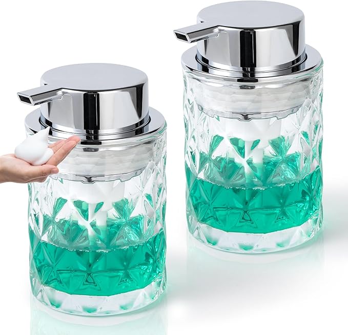 Bathroom Glass Soap Dispenser with Durable Rust-Proof Plastic Foam Pump Hand Lotion Dispenser Antislip Shampoo Kitchen 10oz 2 Pack