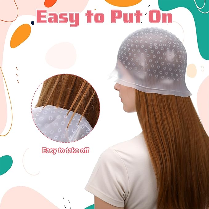 Punched Silicone Highlight Hair Cap with Needle, Professional Reusable Highlighting Poked Hole Cap for Color Hair Salon Hairdressing Dyeing Staining Tools for Women and Men (White)