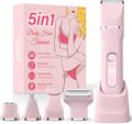 Bikini Trimmer for Women,5-in-1 Electric Razors for Women,Electric Shaver for Women's,IPX7 Waterproof Trimmer for Men Legs,with 5 Replaceable Blade Heads,USB Recharge Dock（Pink）