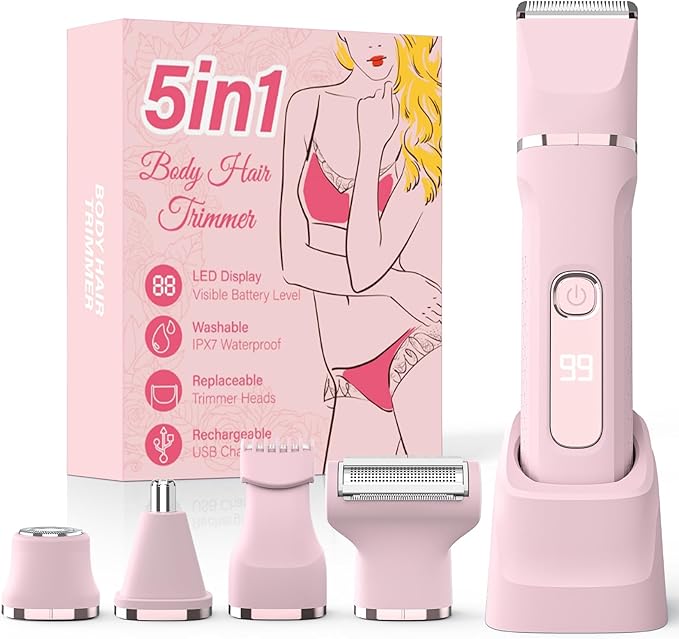 Bikini Trimmer for Women,5-in-1 Electric Razors for Women,Electric Shaver for Women's,IPX7 Waterproof Trimmer for Men Legs,with 5 Replaceable Blade Heads,USB Recharge Dock（Pink）