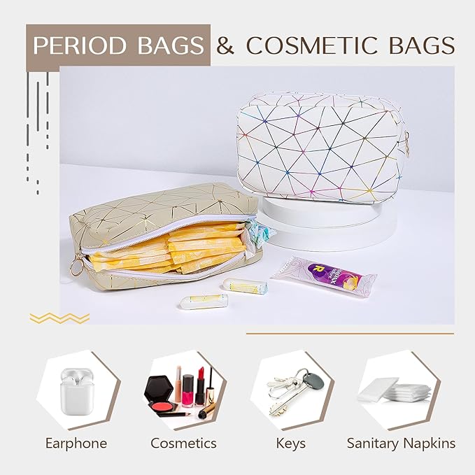 Period Bag for Girls Womens, Leather Sanitary Napkin Storage Bag, Portable Menstrual Pad Bag Period Pads Pouch (White Gold)