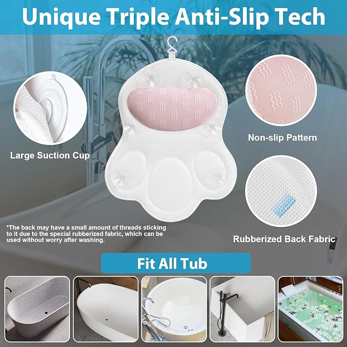 Bath Pillows for Tub Neck and Back Support - Upgraded Non-Slip Rubber Backing & 6 Suction Cups, 4D Air Mesh Spa Bathtub Cushion for Head Rest, Machine Washable with Laundry Bag & Hook(White)