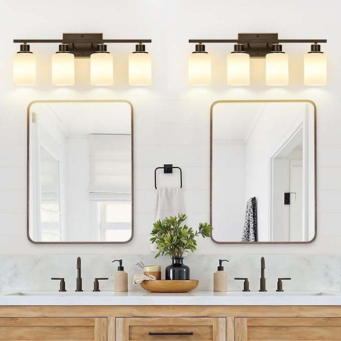 4-Light Bathroom Light Fixtures, Brown and Gold Vanity Lights with Milk Glass Shades, Modern Bathroom Wall Lamp for Mirror Living Room Bedroom Porch