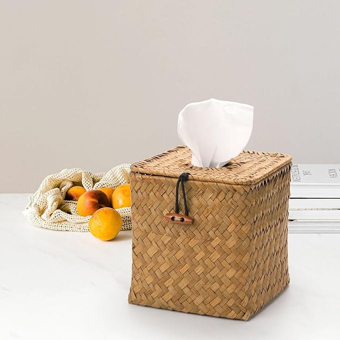 Tissue Box Cover Square, Seagrass Tissue Box Holder, Woven Facial Tissue Holder, Rattan Wicker Tissue Box, Decorative Tissue Cover for Dinner Table, Living Room, Bathroom, Bedroom, Office (Natural)