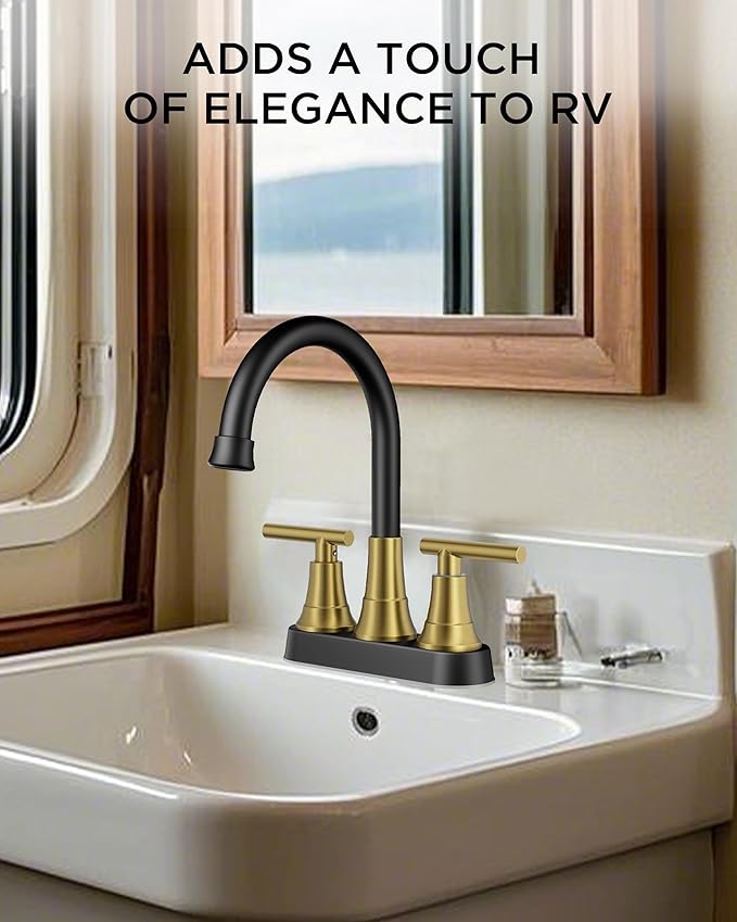 FORIOUS Black and Gold Bathroom Faucets, 4 Inch Centerset Bathroom Sink Faucet 2 or 3 Hole with Pop up Drain and cUPC Hose, Two Handles Control, 360° spout for Restroom,Vanity, RV